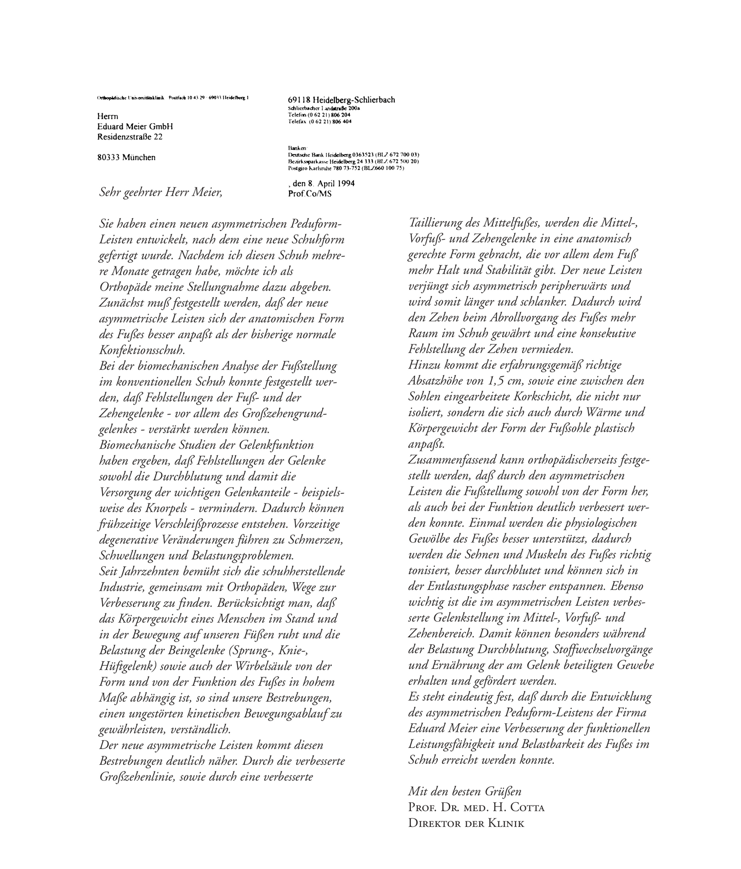 Abbildung des Anerkennungsschreibens Prof. Horst Cotta zur Entwicklung von Peduform